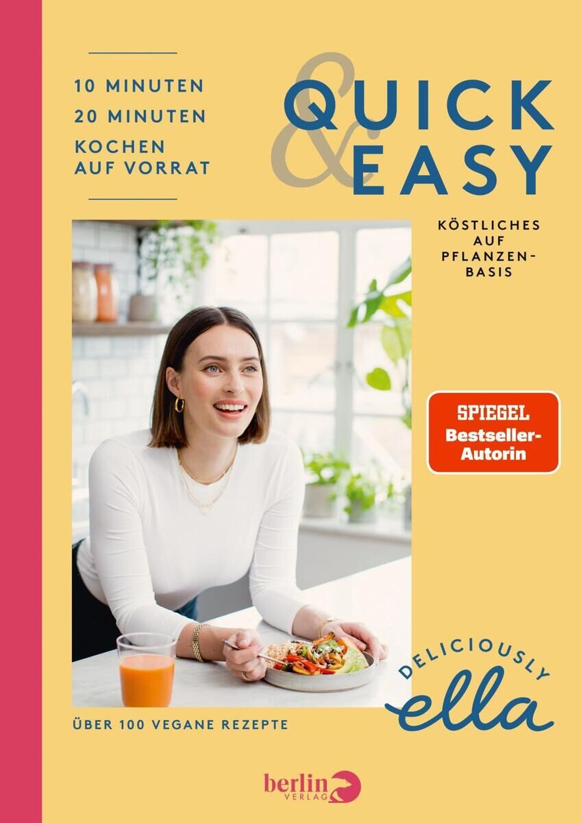 Das Bild zeigt das Buch 'Deliciously Ella. Quick & Easy', das gesunde und pflanzenbasierte Rezepte bietet. Die Gestaltung des Covers enthält blaue, gelbe und weiße Farben sowie ein Bild von einer lächelnden Frau, die an einem Tisch mit einem Getränk und einem Teller mit Essen sitzt.