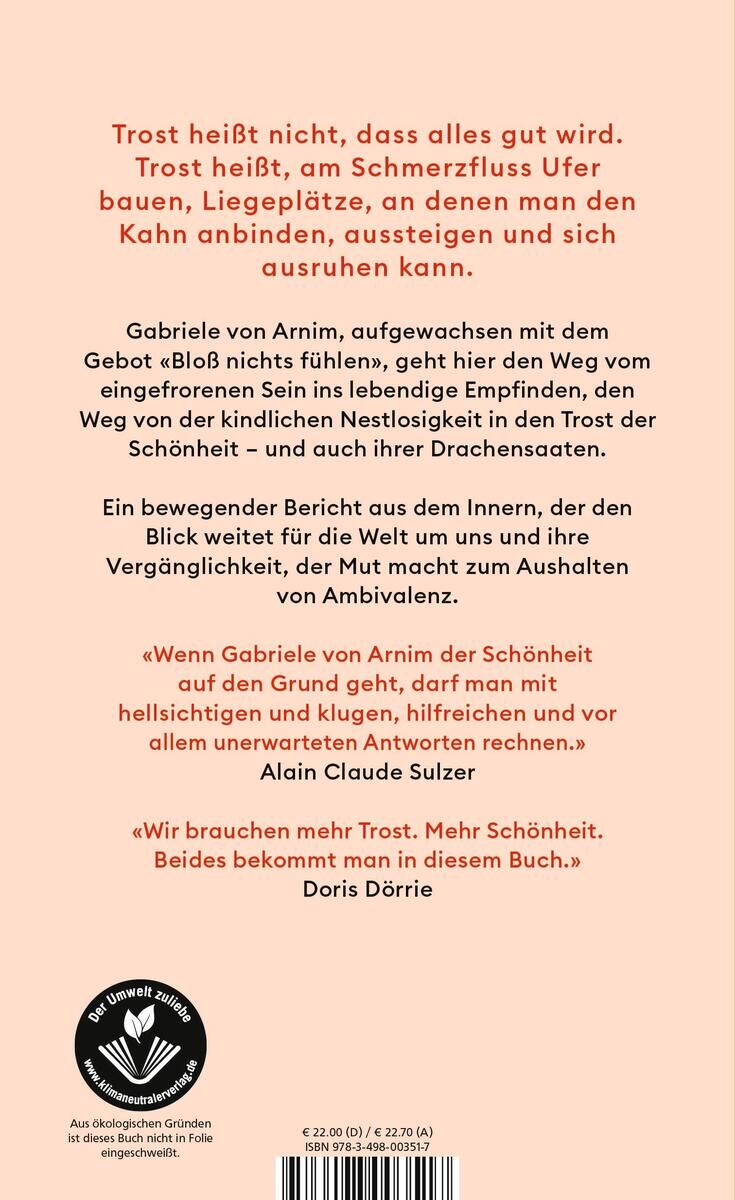Buchcover von 'Trost der Schönheit' von Gabriele von Arnim. Der Hintergrund ist rosa mit schwarzem und weißem Text.
