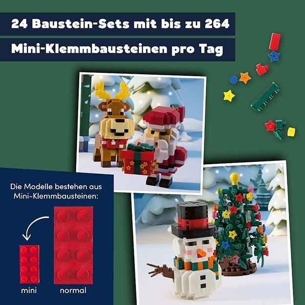 Werbeabbildung für den Adventskalender »TOPP Bricks« von frechverlag. Gezeigt werden Mini-Klemmbaustein-Sets mit weihnachtlichen Motiven wie Rentier, Weihnachtsmann, Schneemann und Tannenbaum. Text informiert über 24 Bauideen mit bis zu 264 Teilen täglich.