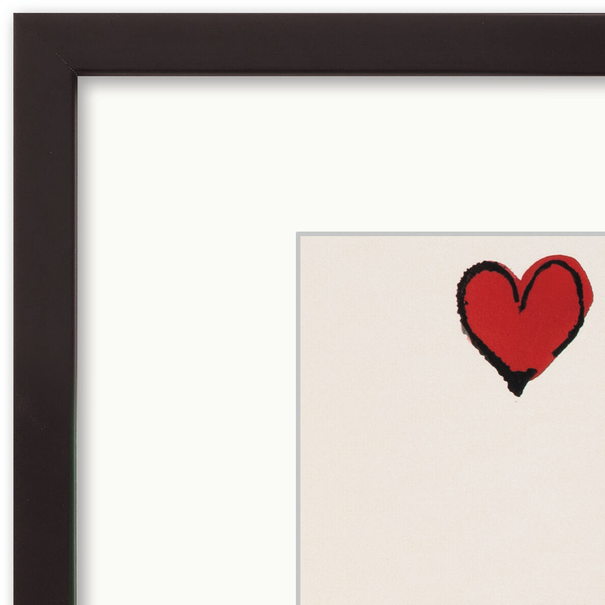 Das Gemälde „I love you so (Bird)“ von Warhol zeigt elf rote Herzen in drei Reihen. Darunter steht in Handschrift „i love you so“. Rechts unten fliegt ein blauer Vogel mit ausgebreiteten Flügeln nach links. Der Hintergrund ist weiß, die schwarzen Konturen betonen Herzen und Vogel. Ein schlichter, dunkler Rahmen fasst das Bild ein.