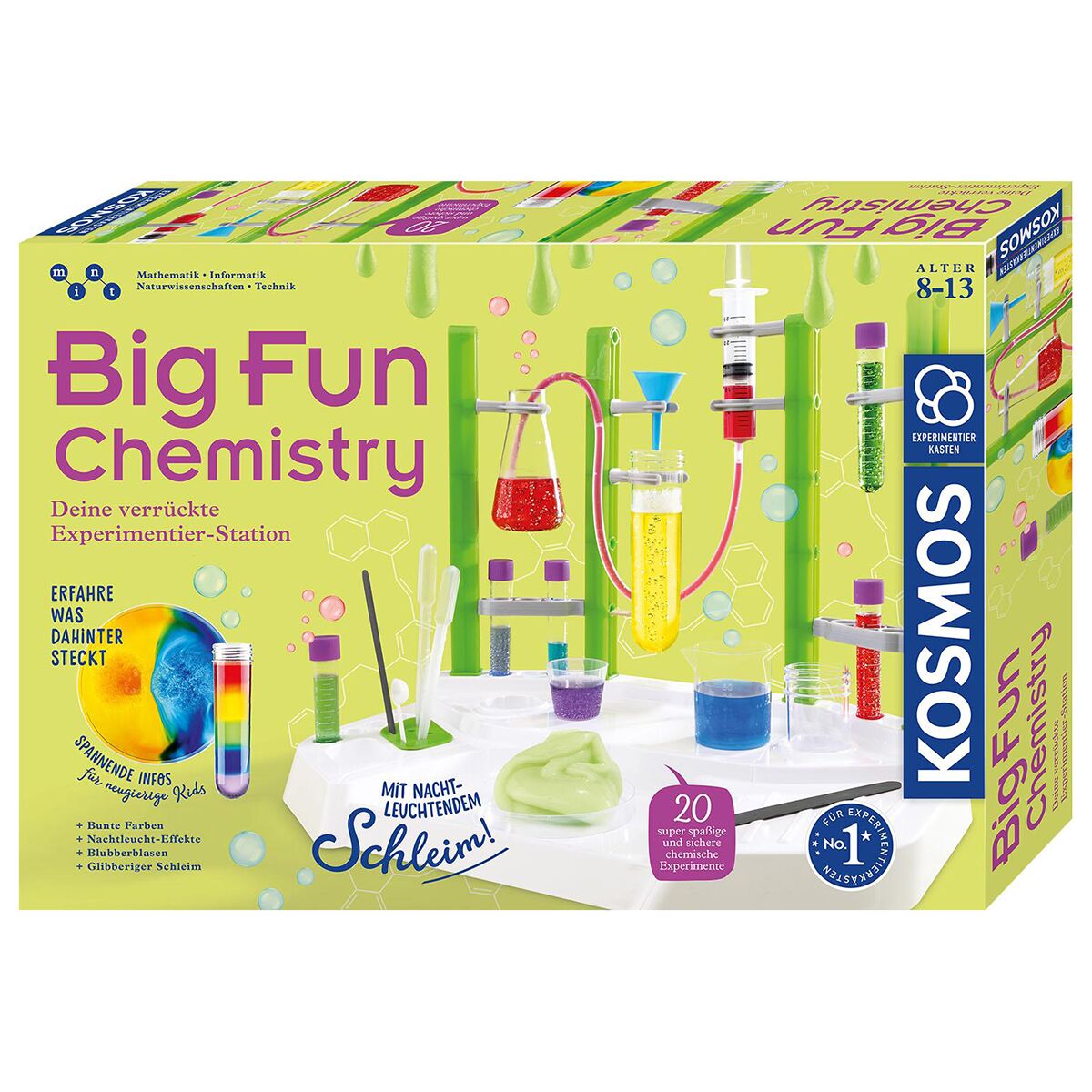 Die Verpackung des 'Big Fun Chemistry' Experimentiersets zeigt mehrere farbenfrohe Reagenzgläser und Laborausrüstung, Schleim und leuchtende Flüssigkeiten auf einem hellen Hintergrund. Das Produkt richtet sich an Kinder ab 8 Jahren und fördert spielerisch das Interesse an Chemie und Wissenschaft.