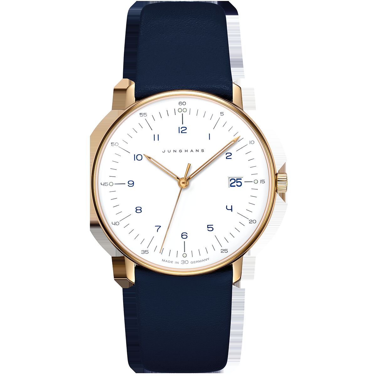 Elegante Damenarmbanduhr der Marke Junghans, Sonderedition für DIE ZEIT. Das flache Edelstahlgehäuse mit goldfarbener PVD-Beschichtung und weißem Zifferblatt zeigt filigrane, blaue Zahlen und Zeiger. Das schlichte, glatte Lederarmband ist tiefblau, die Uhr wirkt minimalistisch und luxuriös.