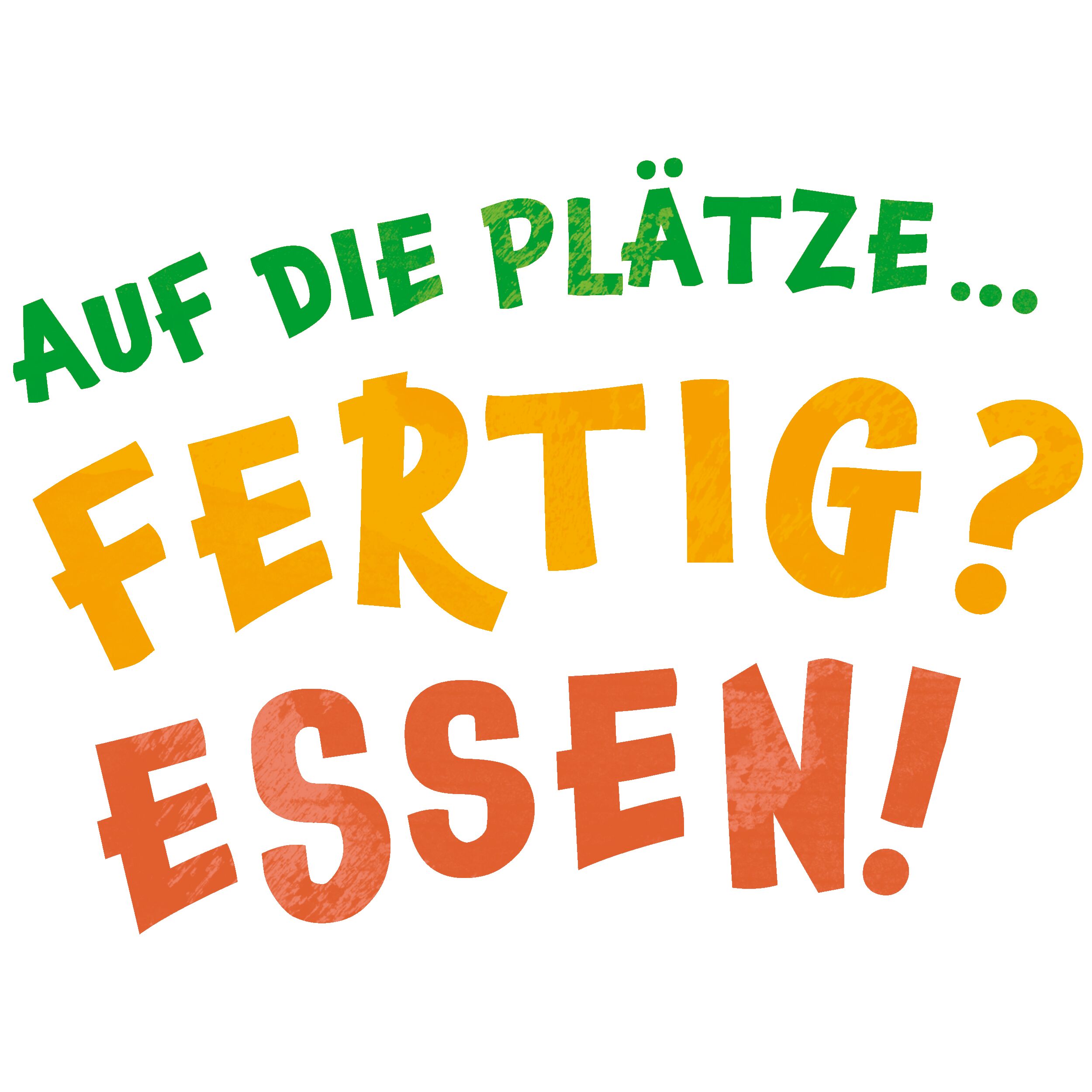 Bunt gestalteter Schriftzug des Brettspiels »Auf die Plätze! Fertig? Essen!« mit großen Buchstaben in Grün, Gelb und Orange auf weißem Hintergrund, geeignet für Familien und Kinder.