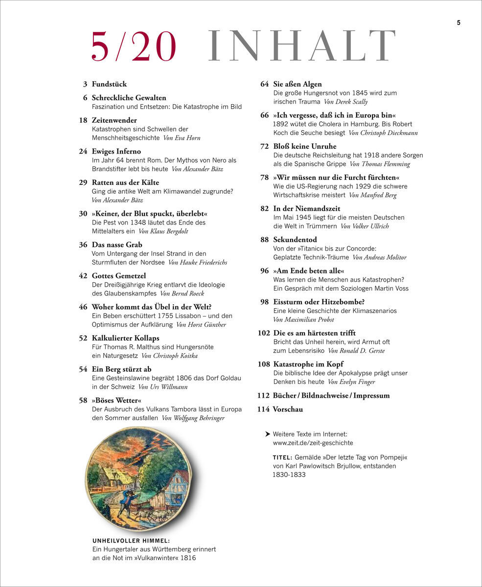 Seite des Magazins ZEIT GESCHICHTE mit Inhaltsverzeichnis der Ausgabe 5/20, die sich auf Katastrophen fokussiert. Die Überschriften der Kapitel sind in Rot und Schwarz gedruckt. Eine kleine illustrative Abbildung am unteren Rand zeigt einen historischen Ausschnitt.