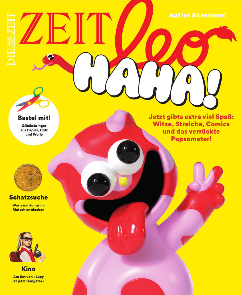 Ein Cover des Magazins ZEIT LEO 2/23 HAHA! enthält eine bunte Kinderspielfigur, Titel in großen Buchstaben, und Hinweise zu verschiedenen Inhalten wie Witze, Streiche, Comics und Bastelsets. Das Design ist hauptsächlich in Gelb, Rot, Weiß und Schwarz.