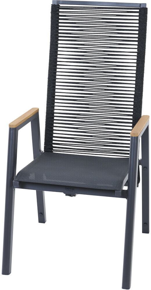 Ein moderner Sessel namens »Bologna Dining Move« mit einem schwarzen, in Rattan-Optik gehaltenen Design. Der Rahmen besteht aus grauem Aluminium mit holzfarbenen Armlehnen. Geeignet für draußen, wie Garten oder Terrasse, bietet er Stil und Komfort.