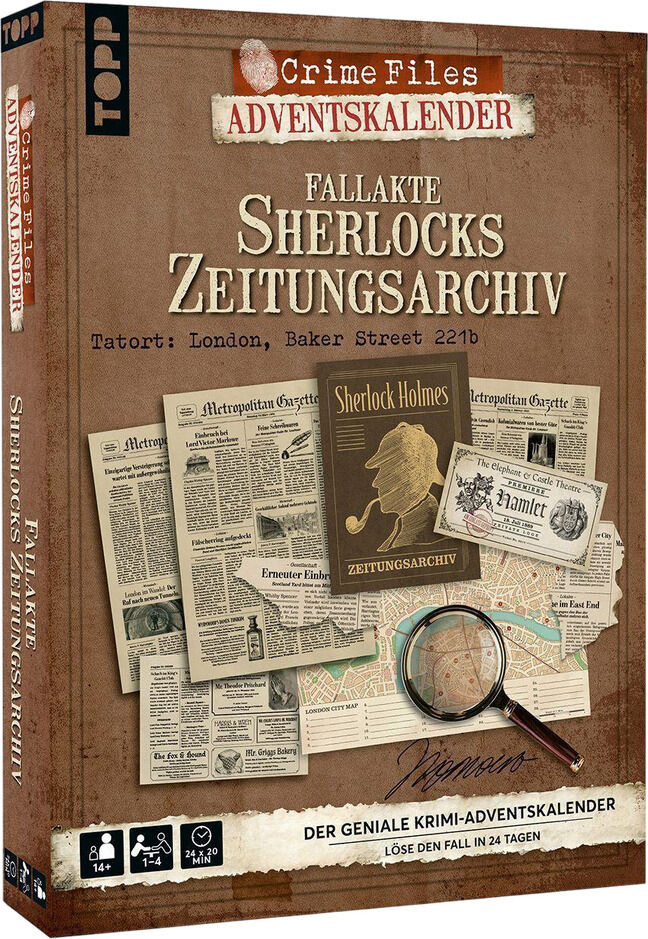 Box des Krimi-Adventskalenders „Crime Files – Fallakte: Sherlocks Zeitungsarchiv“ der Marke TOPP. Das Cover zeigt historische Tageszeitungen, Sherlock-Holmes-Buch, Lupe und Notiz mit winterlichem Flair. Titel und Details sind in großen, markanten Schriften gestaltet.