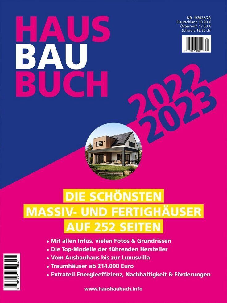 Das Cover des Hausbaubuch 2022/2023 zeigt den Titel in großen roten und blauen Buchstaben auf einem blauen Hintergrund. Ein zentral platziertes Bild eines modernen Hauses wird von gelbem Text 'Die schönsten Massiv- und Fertighäuser' unterstrichen. Zusätzliche Informationen und Preise sind aufgelistet.