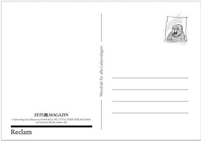 Postkarte mit Aufsteller. Die Postkarte trägt den Titel »Herr Janosch, wie wird man bei der Arbeit glücklich?«. Sie zeigt eine handgezeichnete Illustration oben rechts und bietet Platz zum Schreiben. Die Farben sind hauptsächlich Weiß, Schwarz und Grau. Geeignet als Geschenk für verschiedene Anlässe.