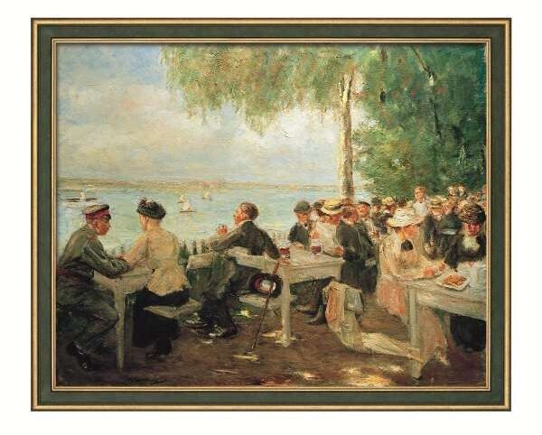 Gemälde von Max Liebermann aus dem Jahr 1916 mit dem Titel »Gartenlokal an der Havel - Nikolskoe«. Das Bild zeigt eine Gruppe von Menschen, die an Tischen im Freien sitzen. Im Hintergrund ist eine Flusslandschaft und viele Bäume zu sehen.