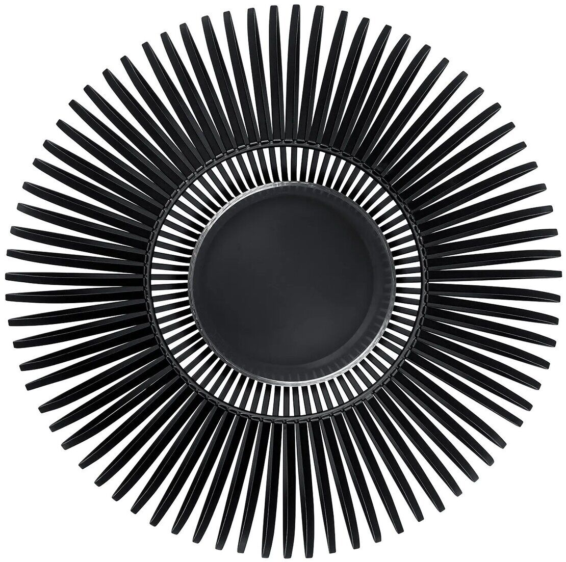 Obenansicht einer modernen runden Metalllaterne mit schwarzen, strahlenförmig angeordneten Streben und zentralem Kerzenhalter, klarer minimalistischer Stil, geeignet für Innen- und Außenbereiche.