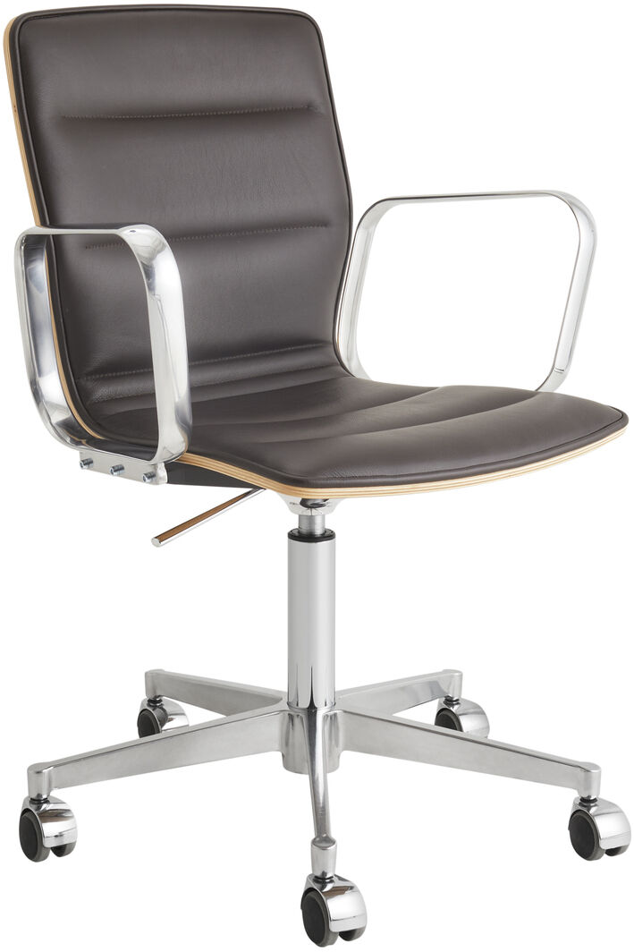 ZEIT Sonderedition Schreibtischstuhl »Butterfly High« aus Leder und Eiche. Ein ergonomischer und verstellbarer Bürostuhl mit schwarzem Ledersitz und Rückenlehne, silbernen Metallarmlehnen und Gestell sowie Rollen. Geeignet für moderne Home Offices und elegante Arbeitsräume.