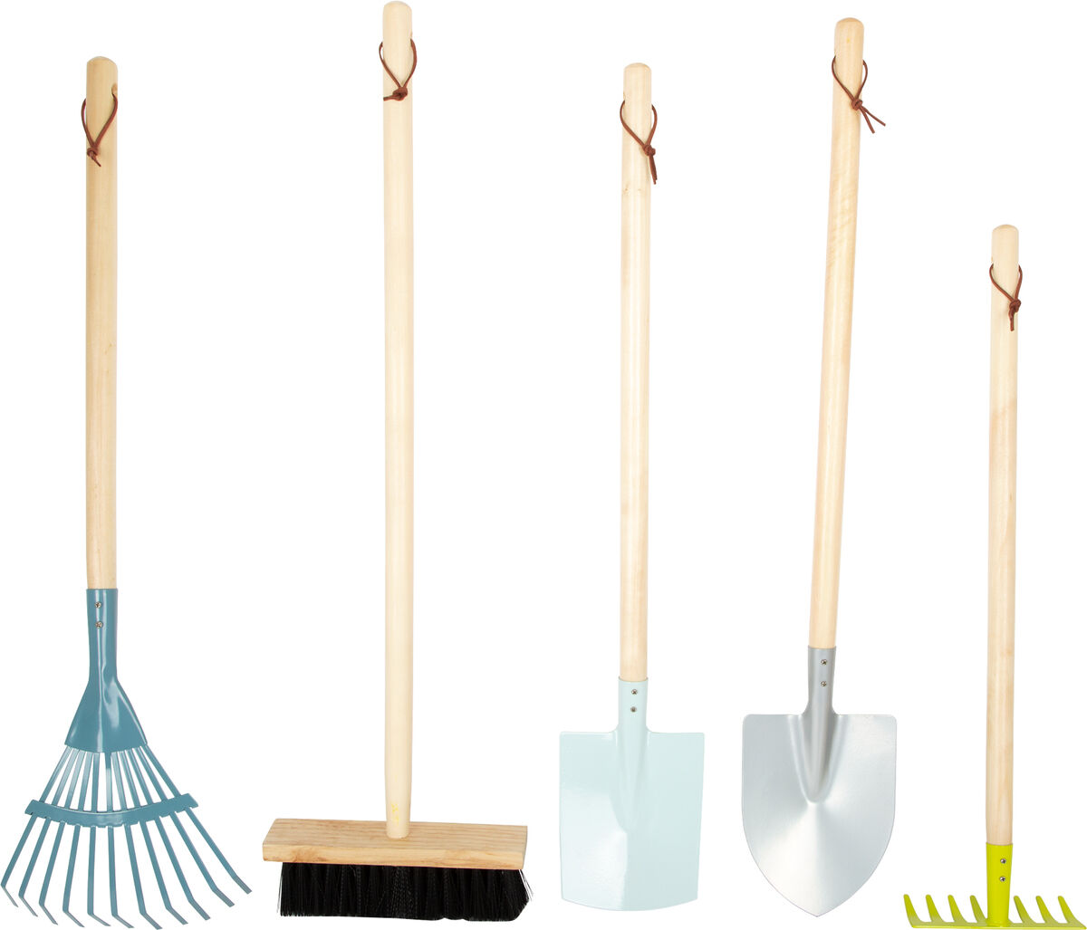 Ein großes Gartenwerkzeug-Set bestehend aus fünf Werkzeugen, darunter ein blauer Rechen, ein Besen mit schwarzem Borsten und Holzgriff, eine hellblaue Schaufel, eine silberne Schaufel und ein gelber Rechen. Alle Werkzeuge haben lange Holzgriffe. Ideal für Gartenarbeit und Outdoor-Aktivitäten.