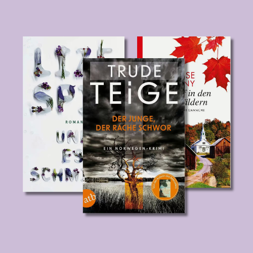 Link zur Kategorie Krimis, die Sie die ganze Nacht wachhalten: Vor fliederfarbenem Hintergrund stehen drei überlappende Buchcover. Vorn zentral von Trude Teige „Der Junge, der Rache schwor“ mit düsterem Wolkenhimmel, kahlem Baum und orangefarbener Gestalt. Dahinter links ein weißes Cover mit Blumen und violetten Buchstaben, rechts ein herbstliches Hausmotiv mit roten Ahornblättern.
