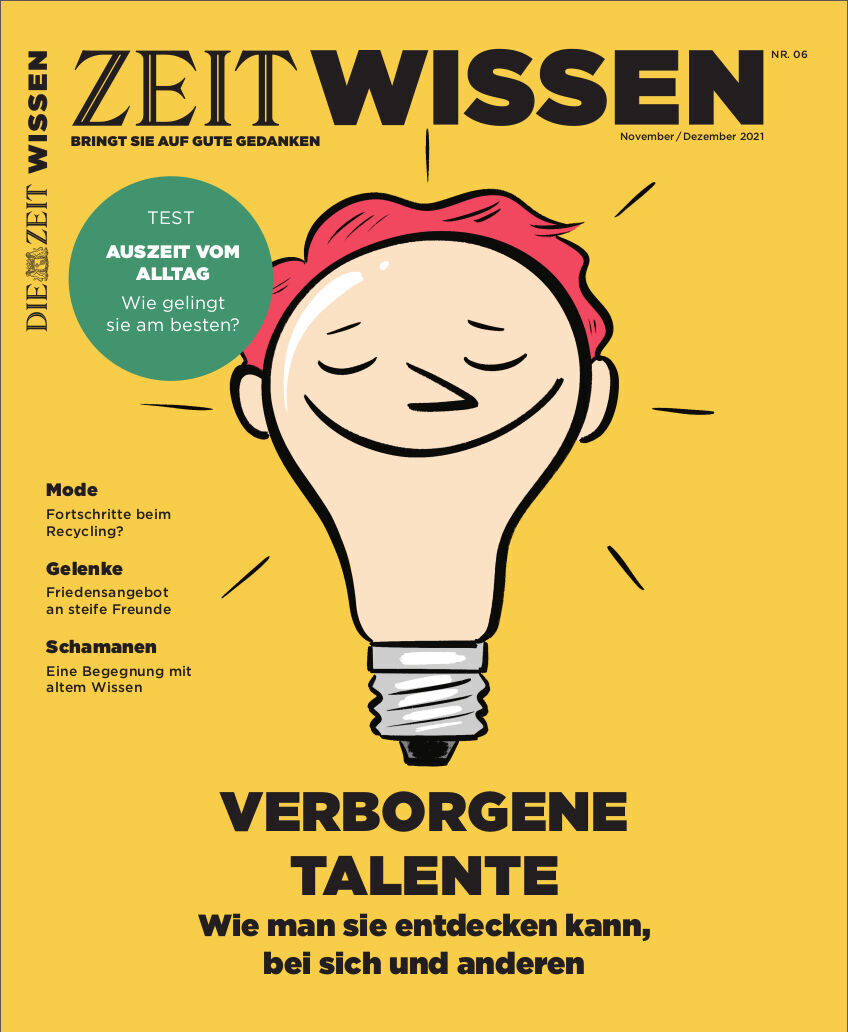 Cover des Magazins ZEIT WISSEN Ausgabe 6/21 mit dem Titel 'Verborgene Talente'. Ein stilisiertes Bild einer Glühbirne mit einem lachenden Gesicht in der Mitte. Der Hintergrund ist gelb und es gibt schwarze Textüberschriften. Oben links steht die Ausgabezeit November/Dezember 2021.
