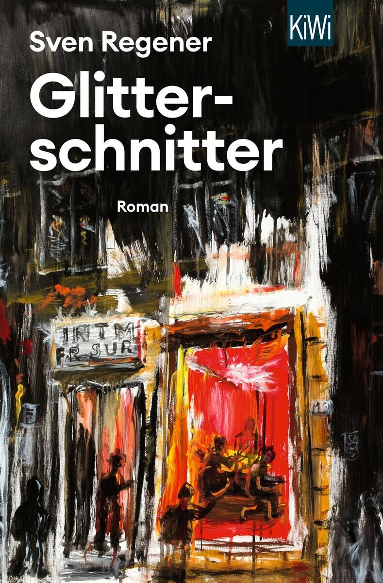 Buchcover des Romans 'Glitterschnitter' von Sven Regener, veröffentlicht vom KiWi Verlag. Das Cover zeigt eine lebendige, künstlerische Darstellung einer urbanen Szene mit leuchtenden Farben und Personen in einer städtischen Umwelt. Auffällige Rot-, Gelb-, und Schwarztöne dominieren das Bild.