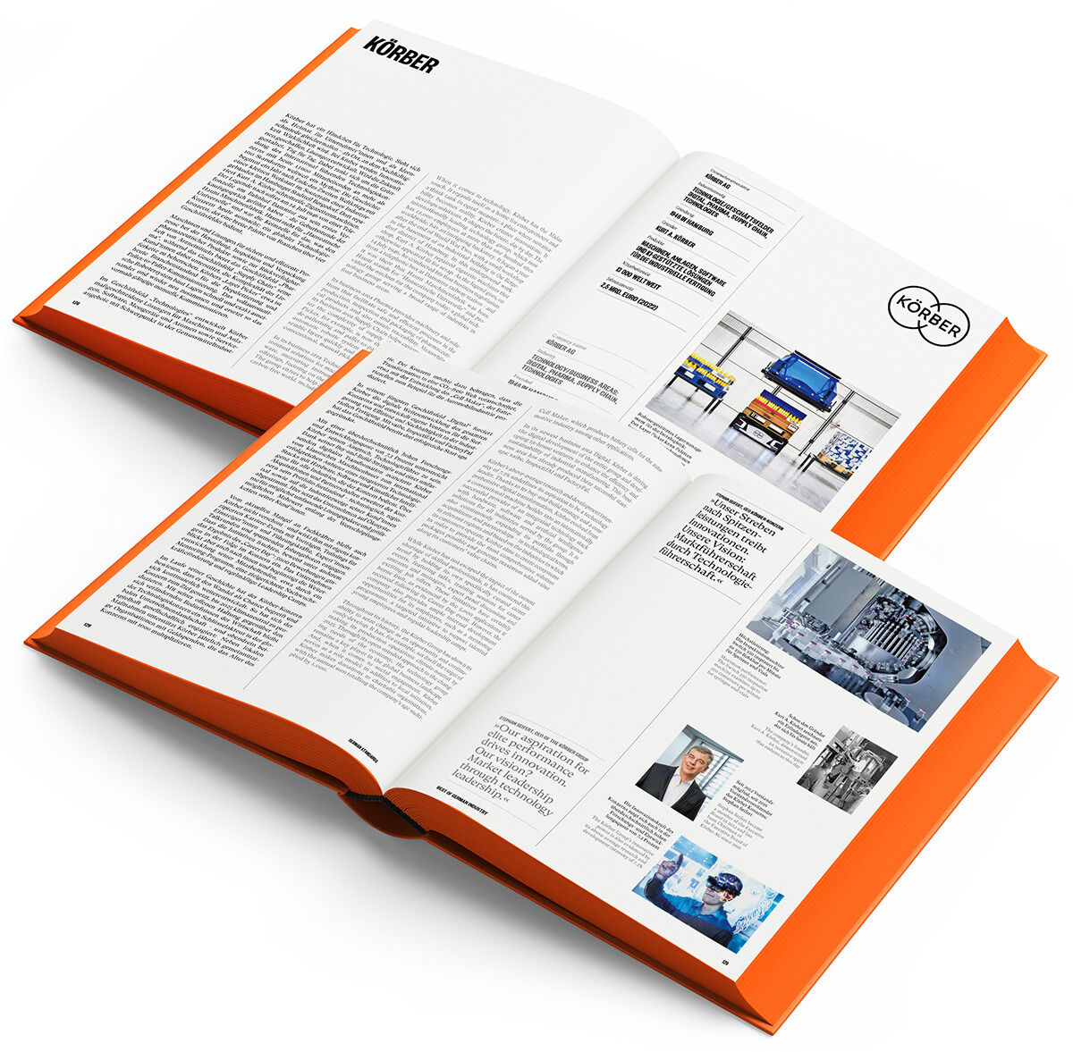 Ein aufgeschlagenes Buch mit dem Titel »Best of German Industry« Buch, German Standards. Die Seiten enthalten Texte und Bilder, hauptsächlich in Weiß und Orange gestaltet.