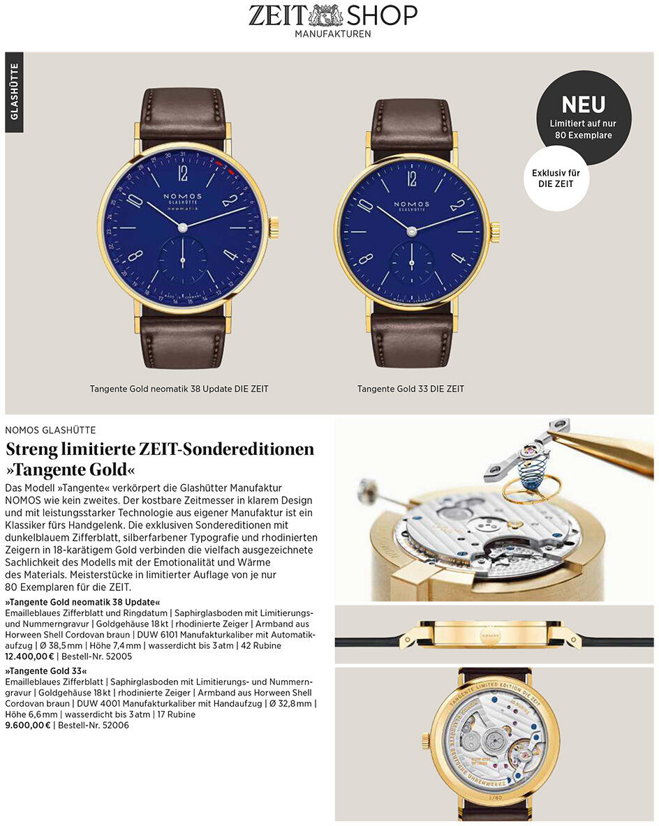 Katalogseite von ZEIT SHOP Manufakturen zu NOMOS Glashütte: Zwei Tangente-ZEIT-Sondereditionen mit dunkelblauem Zifferblatt, goldfarbenem Gehäuse und braunem Lederband. Rechts zeigen Fotos das filigrane mechanische Uhrwerk und die Gehäuserückseite. Schwarzer Hinweis: limitiert auf 80 Exemplare.