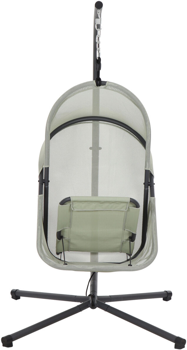 Der Hängesessel »Yobaya« von Sienagarden ist aus pulverbeschichtetem Stahl gefertigt und zeigt sich in einem hellgrünen Air Mesh Bezug. Das moderne Gestell besitzt einen stabilen, sternförmigen schwarzen Fuß. Der Sessel wirkt leicht, stilvoll und eignet sich ideal für Garten oder Balkon.