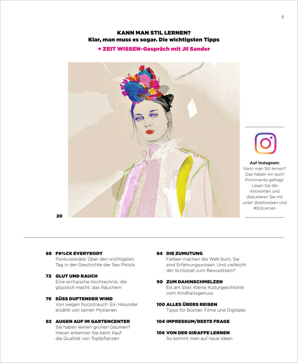 Das Cover der Zeitschrift ZEIT WISSEN Ausgabe 4/23 mit dem Titel 'Kann man Stil lernen?'. Das Titelbild zeigt eine künstlerische Illustration einer Person in modischer Kleidung mit bunten Accessoires. Oben im Bild der Zeitschriftentitel und unten eine Inhaltsvorschau in schwarzem Text.