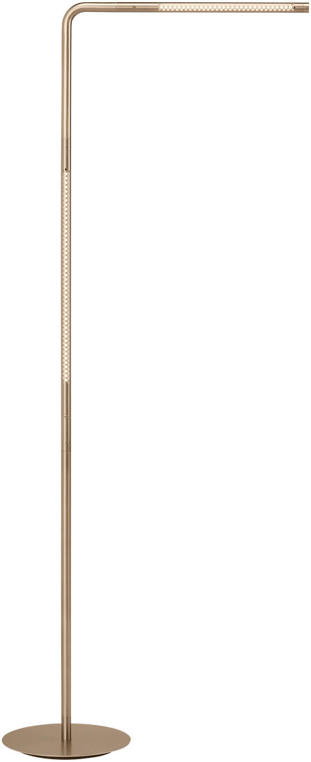 Elegante Stehleuchte »Omni« von Umage, gefertigt aus messingfarbenem Metall. Der schlanke, minimalistische Lampenkörper steht auf einem runden Sockel, mit abgewinkeltem, horizontalem Leuchtelement. Modernes, zeitloses Design – ideal für Wohn- oder Arbeitszimmer.