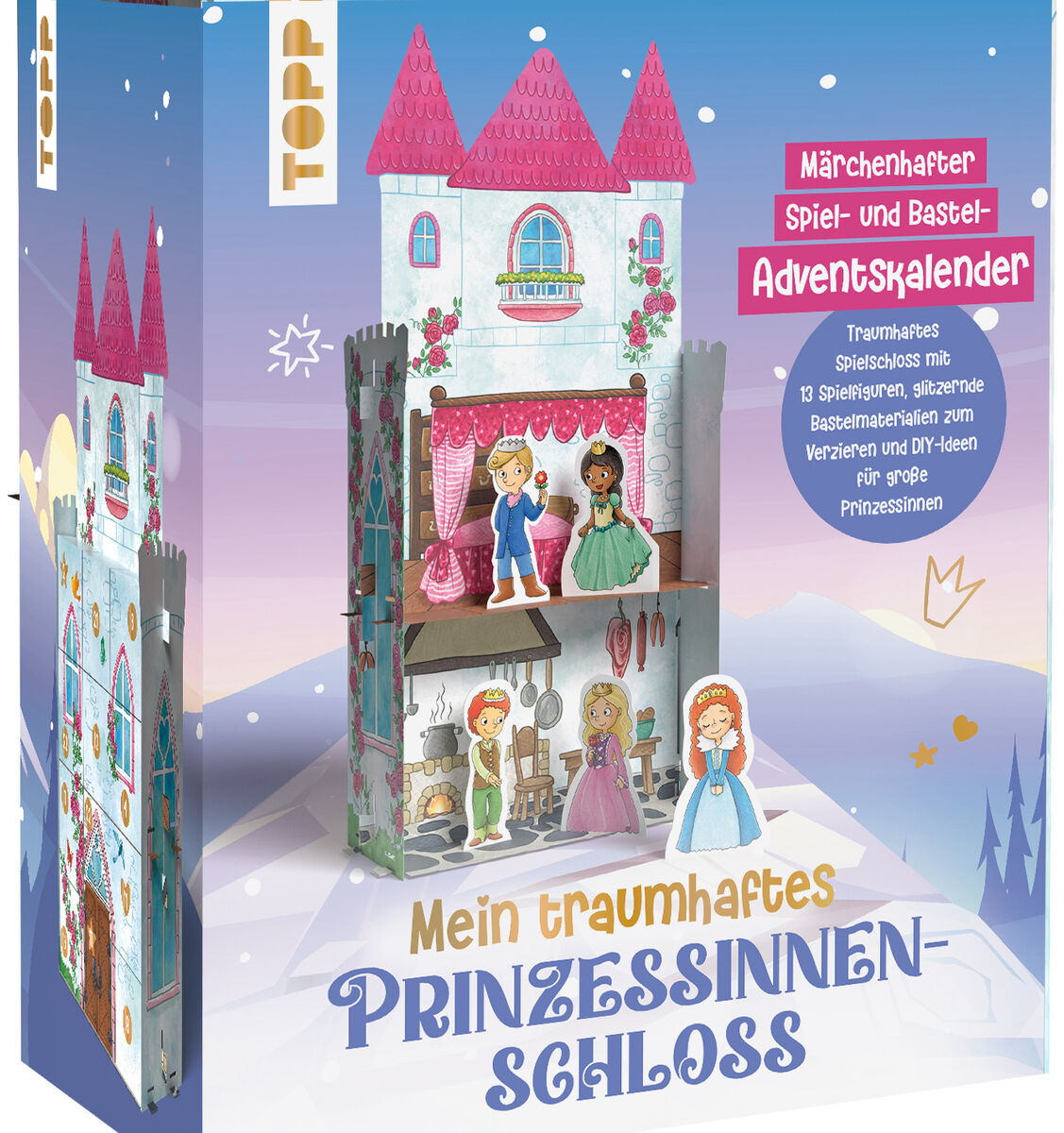 Der Adventskalender „Mein traumhaftes Prinzessinnen-Schloss“ von TOPP zeigt ein dekoratives Schloss mit rosa Türmen, verziert mit Fenstern, Blumen und Figuren. Die Verpackung ist farbenfroh und märchenhaft gestaltet, ideal für Kinder in der Vorweihnachtszeit.