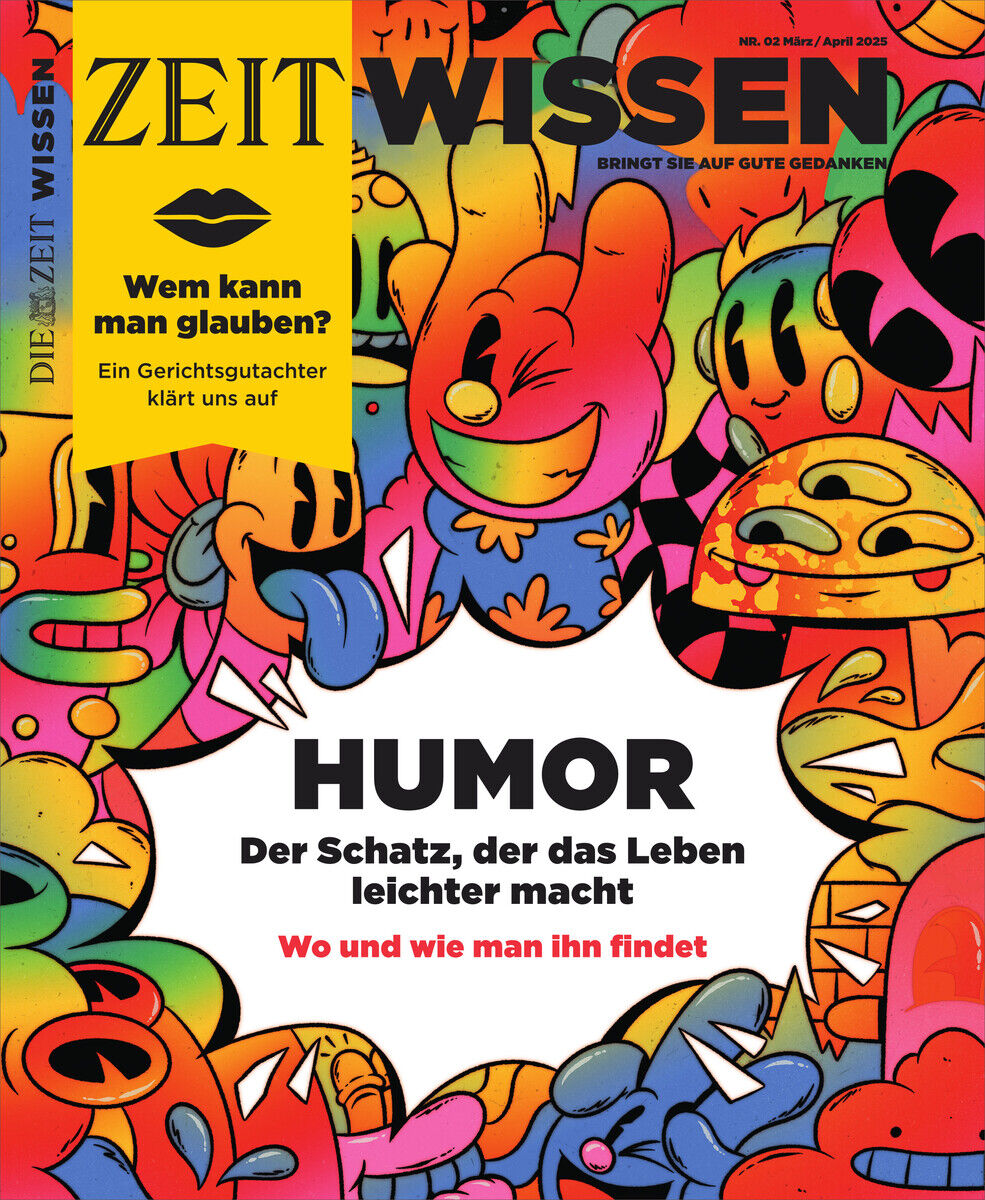 Titelbild des Magazins ZEIT WISSEN 2/25 mit dem Thema Humor, zeigt bunte Comic-Illustrationen und den Text 'Humor: Der Schatz, der das Leben leichter macht'.