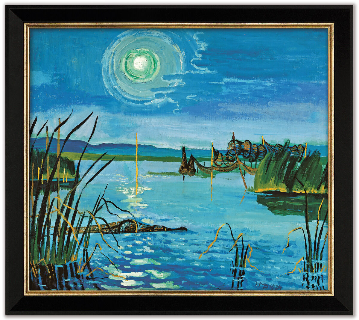 Ein expressionistisches Gemälde von Max Pechstein mit dem Titel 'Am Garder See'. Das Bild zeigt eine malerische Seelandschaft mit ruhigem Wasser, Schilf am Ufer und mehreren Schwänen. Der Himmel ist in intensiven Blau- und Grüntönen gehalten, und die Sonne leuchtet hell über der Szene.