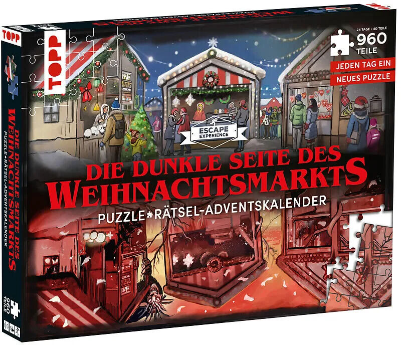 Verpackung des 'Puzzle-Rätsel-Adventskalenders: Die dunkle Seite des Weihnachtsmarkts'. Das Bild zeigt den Titel in großen roten Buchstaben, umgeben von Weihnachtsbuden und winterlichen Motiven. Es enthält 960 Teile und jeden Tag ein neues Puzzle. Ideal für die Adventszeit.