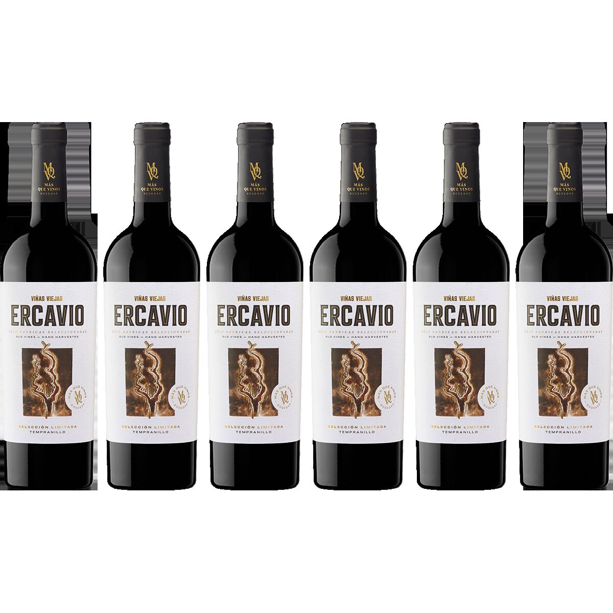 Sechs Flaschen Tempranillo Limitada Ercavio Mas Que Vinos Rotwein im 6er Paket, aufrecht stehend vor weißem Hintergrund. Die Flaschenetiketten sind weiß mit goldenen und schwarzen Details.