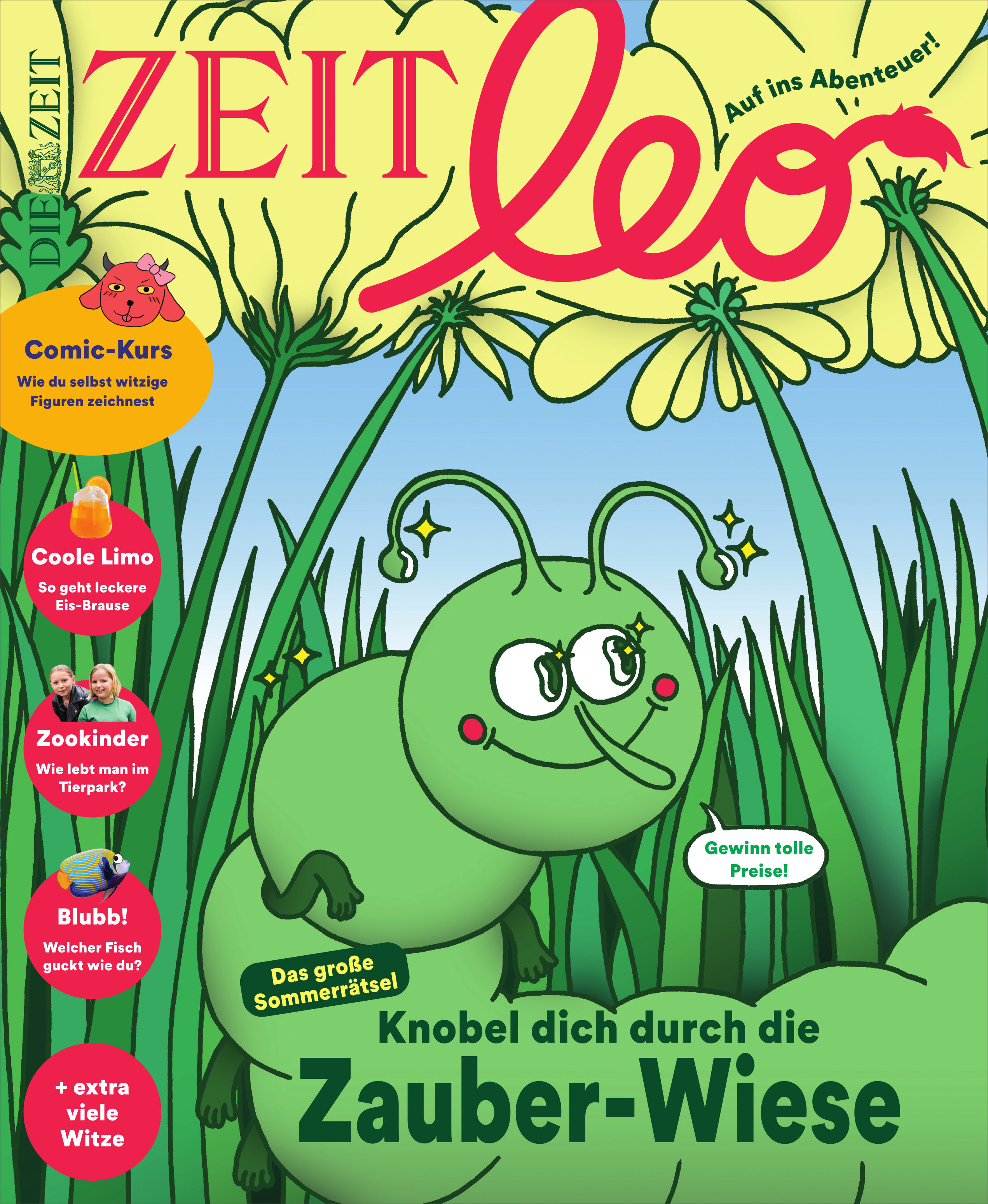 Titelbild der Zeitschrift ZEIT LEO 4/25 mit einer großen grünen Raupe auf einer Wiese, umgeben von großen gelben Blumen und farbenfrohen Textfeldern. Die Szene wirkt verspielt und lädt Kinder zum Rätseln und Entdecken ein. Verschiedene Elemente wie Comic-Kurs, Witze, Basteltipps und Gewinnspiel werden hervorgehoben.