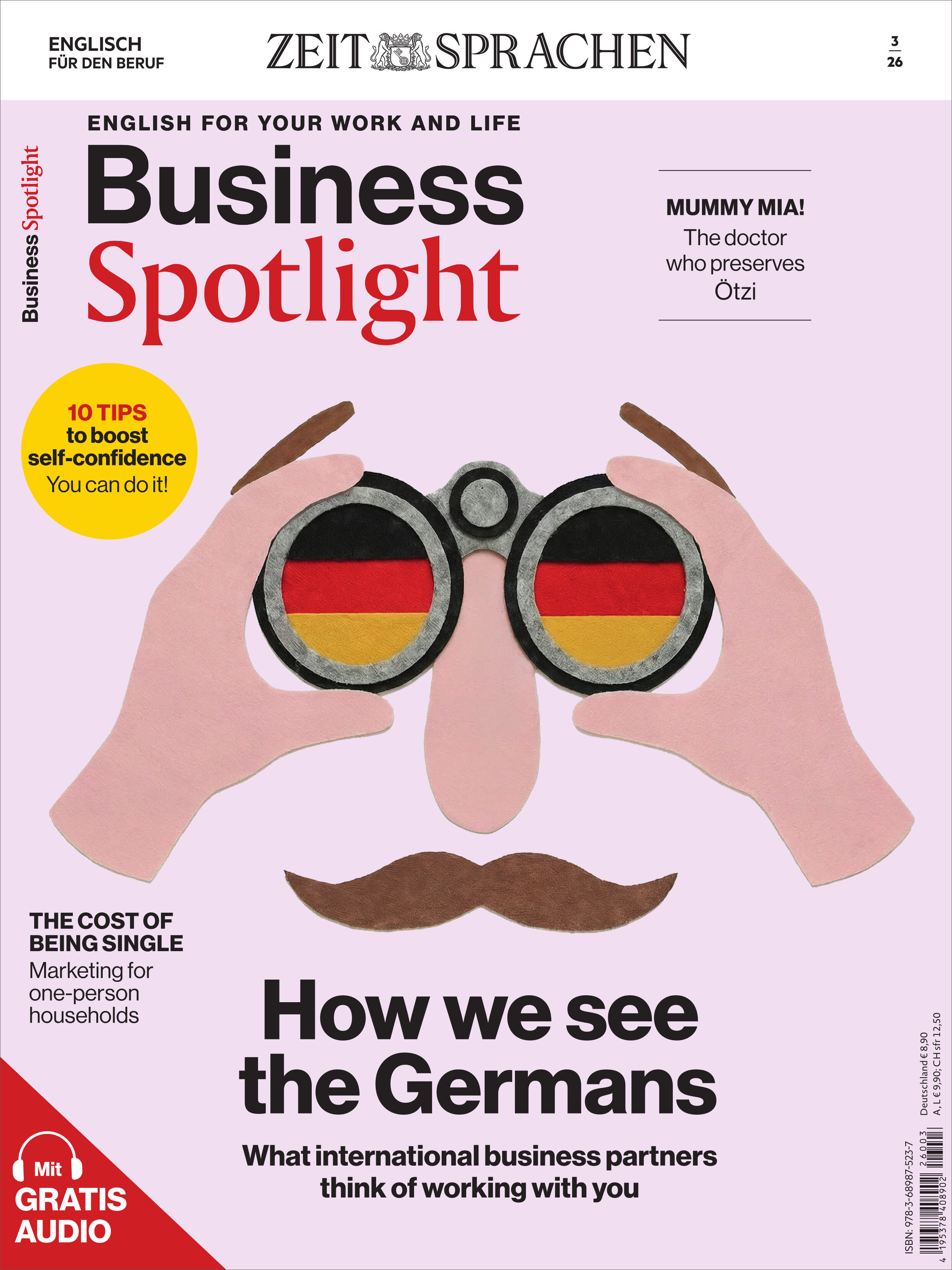 Das Cover des Business Spotlight Magazins 3/2026 zeigt eine Illustration: Zwei stilisierte Hände halten ein Fernglas mit den Farben der deutschen Flagge in den Gläsern. Darüber eine große Nase und ein brauner Schnurrbart. Die Titelseite ist überwiegend weiß mit rosa- und braunfarbenen Akzenten.