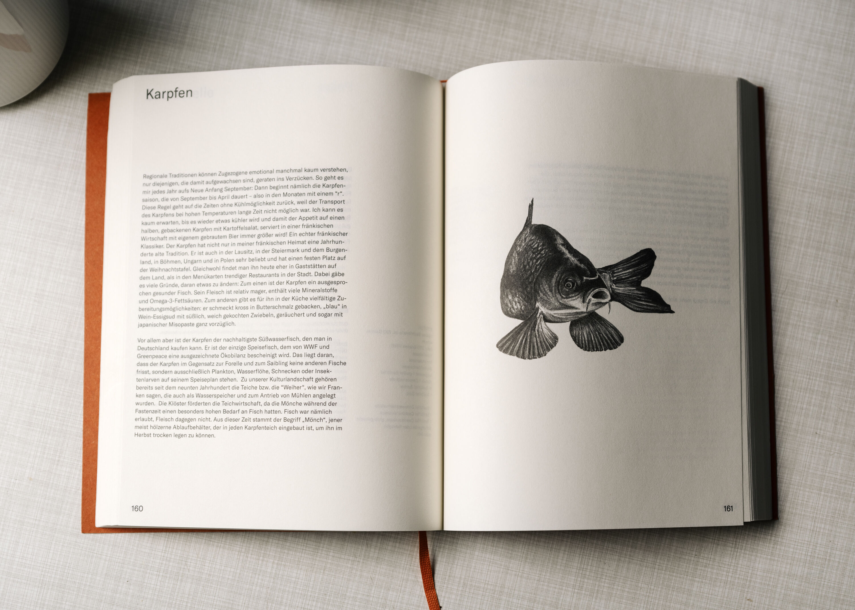 Offenes Kochbuch auf einem hellen Tisch, links eine Textseite mit einem Rezept über Karpfen, rechts eine detaillierte schwarz-weiße Fischzeichnung. Ein orangefarbenes Leseband ist sichtbar.