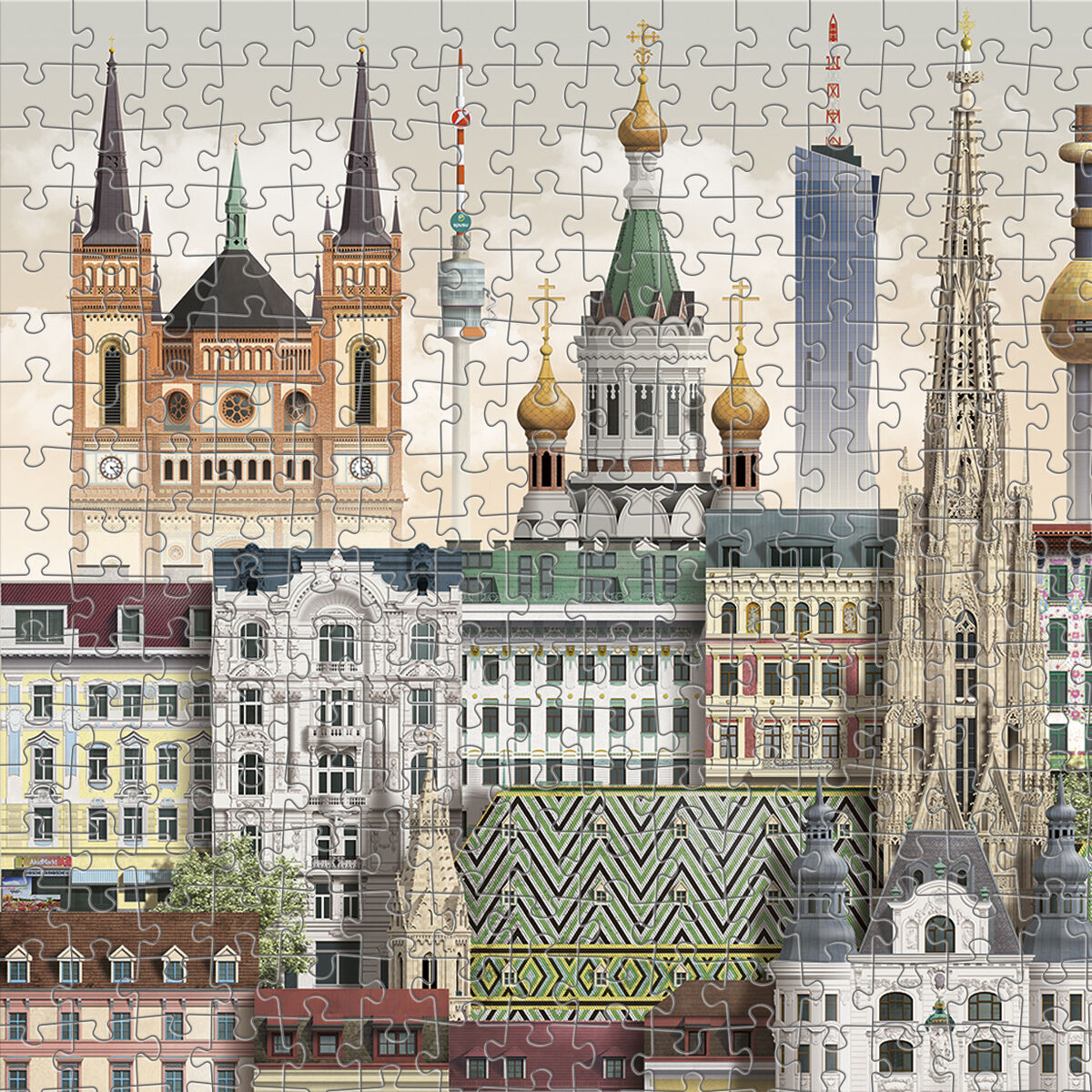 Abgebildet ist ein fertiges 1000-Teile-Puzzle mit einer Collage verschiedener historischer und moderner Bauwerke sowie bekannter Wahrzeichen von Wien, darunter der Stephansdom, Kirchen, moderne Hochhäuser und bunte Wohnhäuser. Die Abbildung legt den Fokus auf die facettenreiche Architektur der Stadt und deren kulturelle Vielfalt.