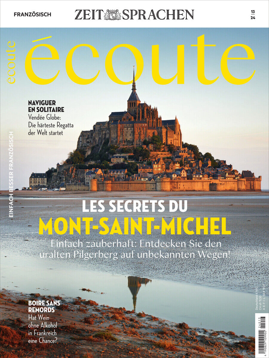 Cover des Écoute Magazin 13/2024 mit dem Titelbild der Insel Mont-Saint-Michel unter blauem Himmel. Der Titel des Artikels lautet: 'Les Secrets du Mont-Saint-Michel'.