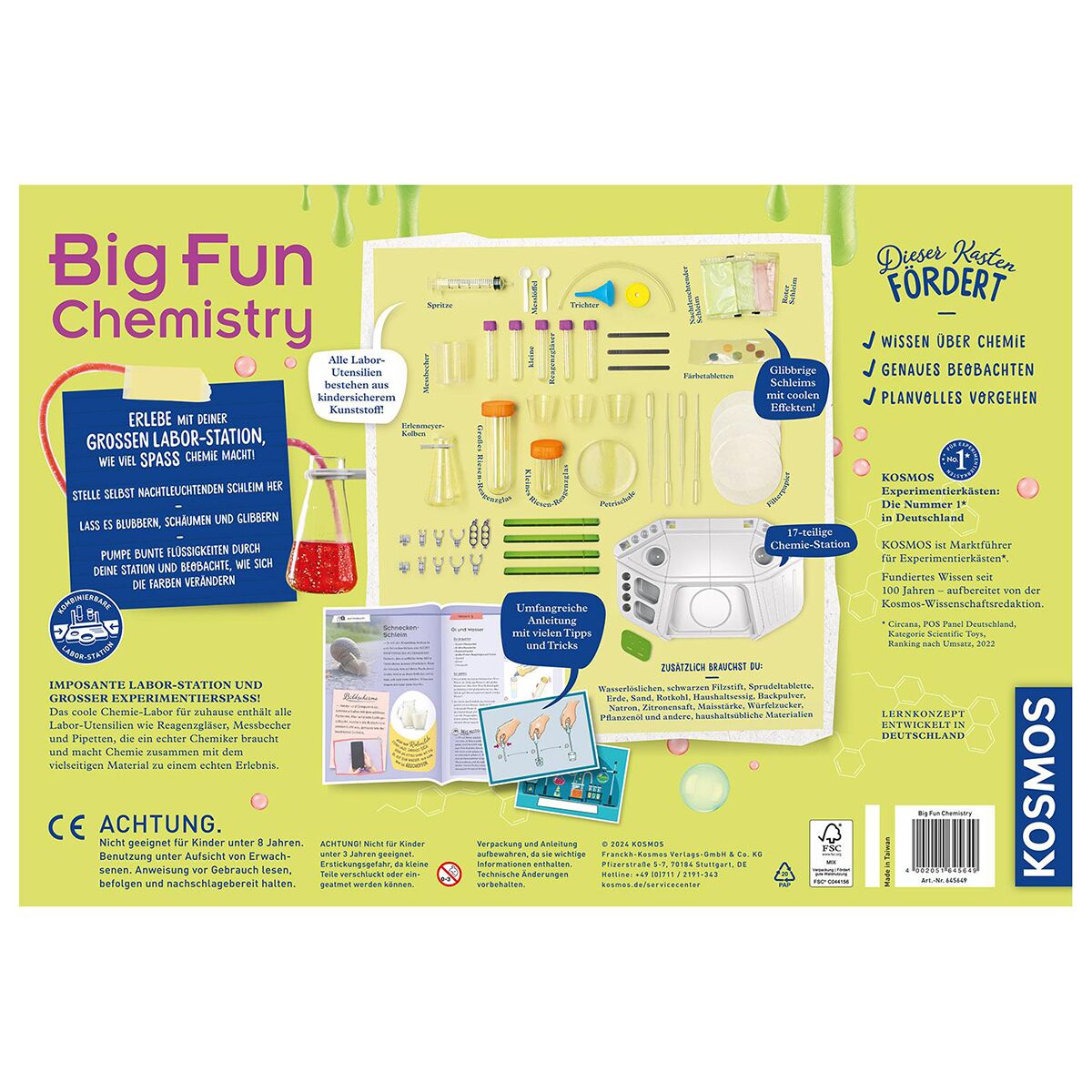 Rückseite eines Chemie-Experimentierkastens mit dem Titel Big Fun Chemistry. Abgebildet sind zahlreiche Laborutensilien wie Reagenzgläser, Pipetten, Messbecher, Schutzbrille, und verschiedene Flüssigkeiten. Textfelder erklären die Inhalte und Vorteile des Sets, ergänzt durch Sicherheitshinweise und einen QR-Code. Im oberen Bereich steht die Förderung von Wissen und Experimentieren im Vordergrund. Der Hintergrund ist bunt mit gelben und grünen Akzenten gestaltet.