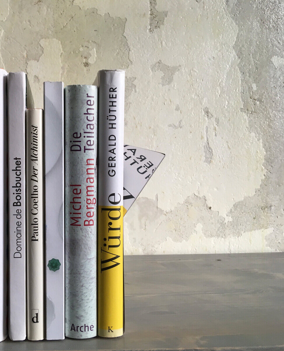 Eine moderne Buchstütze namens »Edge« in Benutzung, die mehrere Bücher auf einem Regal hält. Die Buchstütze hat ein minimalistisches Design und ist aus Metall gefertigt. Im Hintergrund ist eine strukturierte Wand zu sehen.