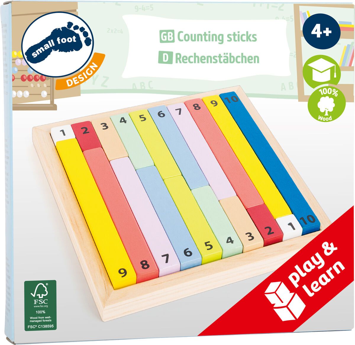 Ein Set von Rechenstäbchen aus Holz mit den Zahlen 1 bis 10 in verschiedenen Farben. Geeignet für Kinder ab 4 Jahren. Enthält eine Holzplatte zur Aufbewahrung und Sortierung. Verpackung zeigt das Logo 'small foot', FSC-Siegel und Aufschrift 'play & learn'.