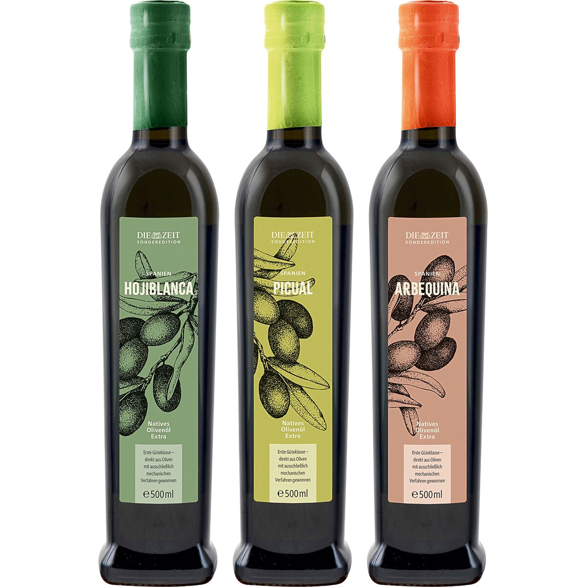 Das Bild zeigt ein 3er Set der ZEIT-Sonderedition Olivenöl 2025 mit den Sorten Hojiblanca, Picual und Arbequina. Jede Flasche hat ein farbiges Etikett und Kappe: grün, gelb und rot. Die Flaschen sind schlank und elegant gestaltet.