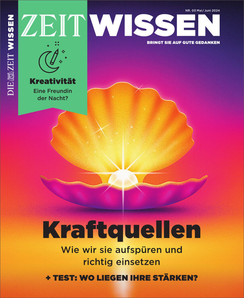 Cover der Zeitschrift ZEIT WISSEN Ausgabe 3/24 mit dem Titel 'Kraftquellen'. Das Bild zeigt eine orange-violette Muschel mit einer strahlenden Perle in der Mitte. Oben links befindet sich ein Abschnitt über Kreativität mit einem halbgeöffneten Mond und Sternen. Farbgebung umfasst Orange, Gelb, Violett, Rosa und Rot.
