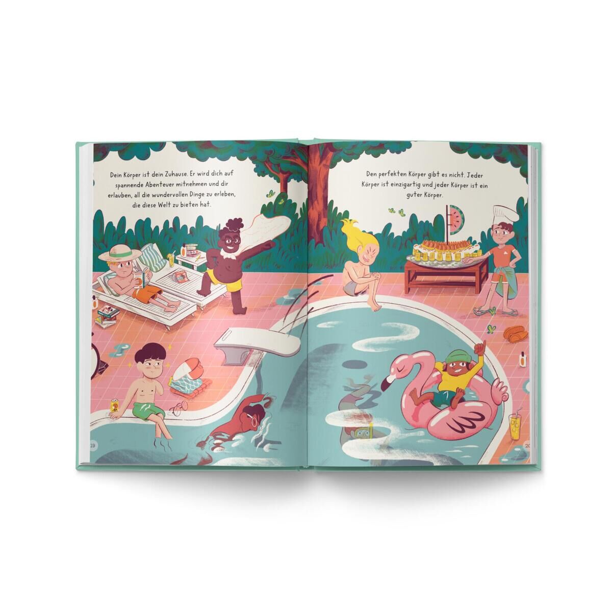 Ein Kinderbuch mit einer bunten Illustration von Kindern, die im Pool schwimmen und am Poolrand entspannen. Einige Kinder sitzen auf einer Poolmadratze, andere tauchen im Wasser. Es ist eine fröhliche Sommeratmosphäre.