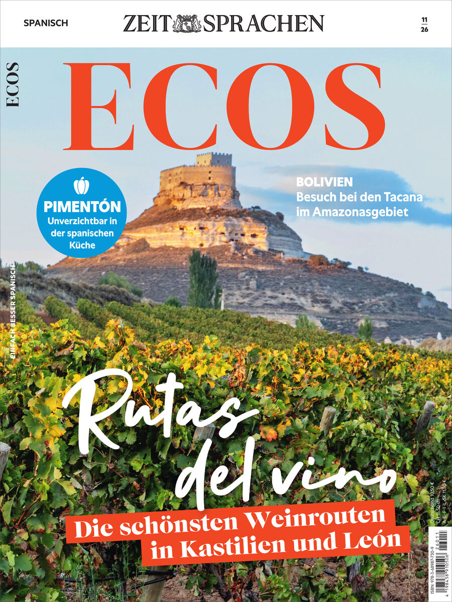 Das Titelbild des ECOS Magazins 11/2026 zeigt einen sonnenbeschienenen Burghügel in Kastilien und León hinter einem grünen Weinberg. Groß steht der Magazintitel, dazu Hinweise auf Themen wie Weinrouten, Bolivien und Pimentón. Ein lebendiges, inspirierendes Cover.