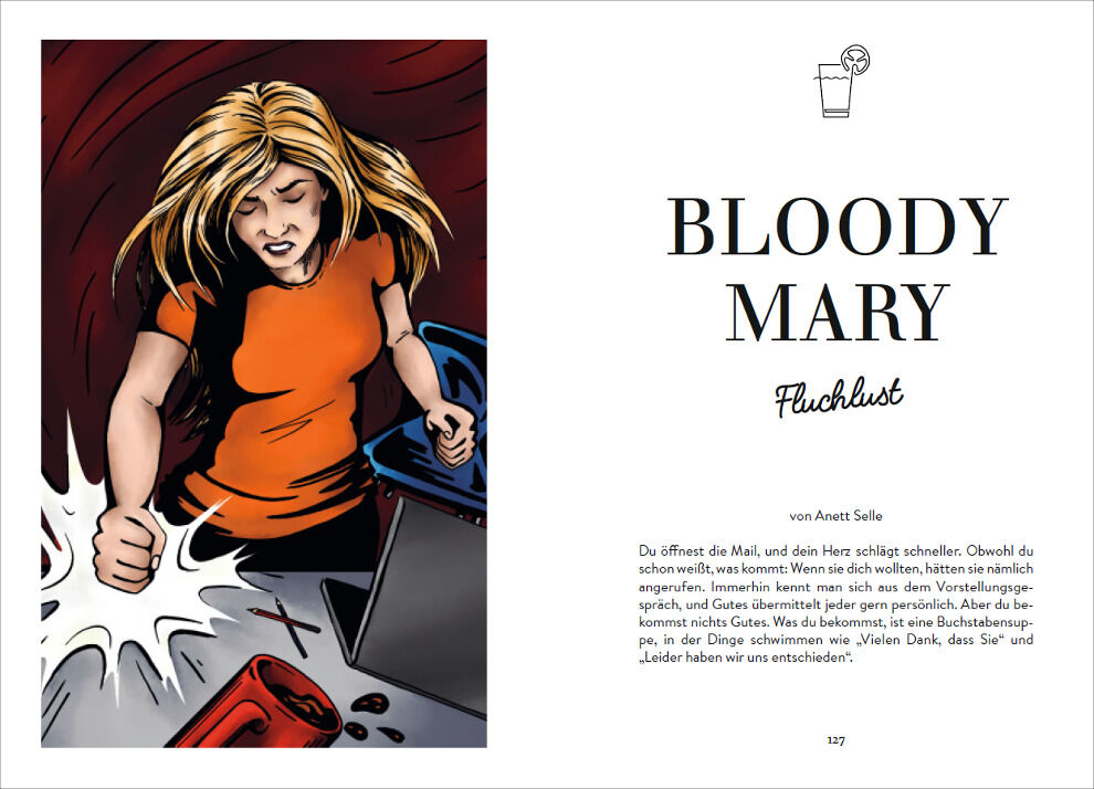 Das Bild zeigt eine Seite aus dem Buch 'Drinks für jede Lebenslage'. Auf der linken Seite ist eine bunte Illustration einer Frau in einem orangefarbenen T-Shirt, die sich in einer dynamischen Pose befindet. Auf der rechten Seite steht groß der Titel 'Bloody Mary' mit dem Untertitel 'Flutlicht' und einem kurzen Text darunter.