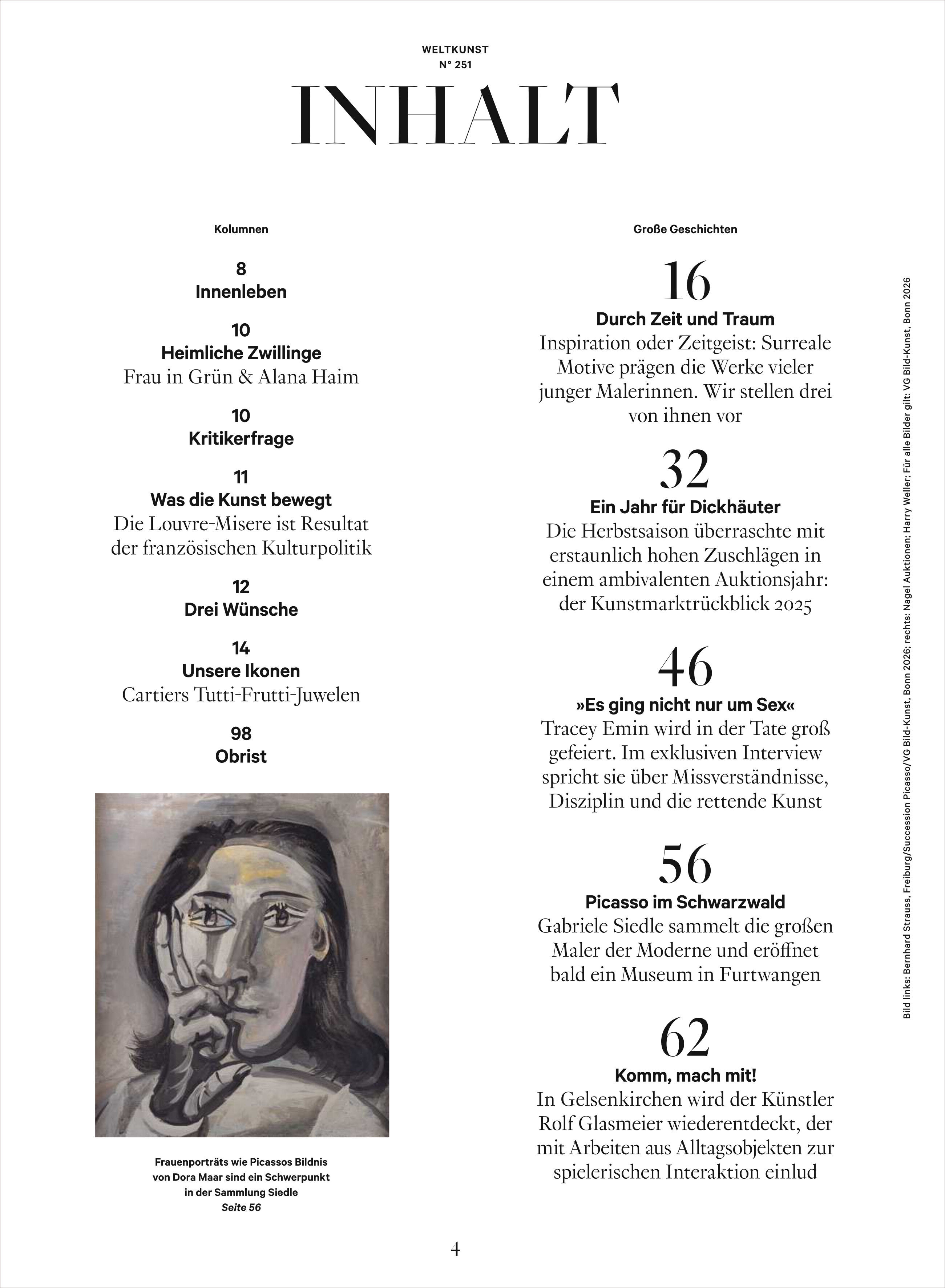 Sehr detailliertes Inhaltsverzeichnis einer Kunstzeitschrift auf weißem Hintergrund, schwarze elegante Schrift. Die Ausgabe behandelt Themen wie Surrealismus, Ausstellungen, Kunst und zeitgenössische Künstlerinnen. Links unten ist ein kleines, ausdrucksstarkes Kunstwerk in gedeckten Farben abgebildet.