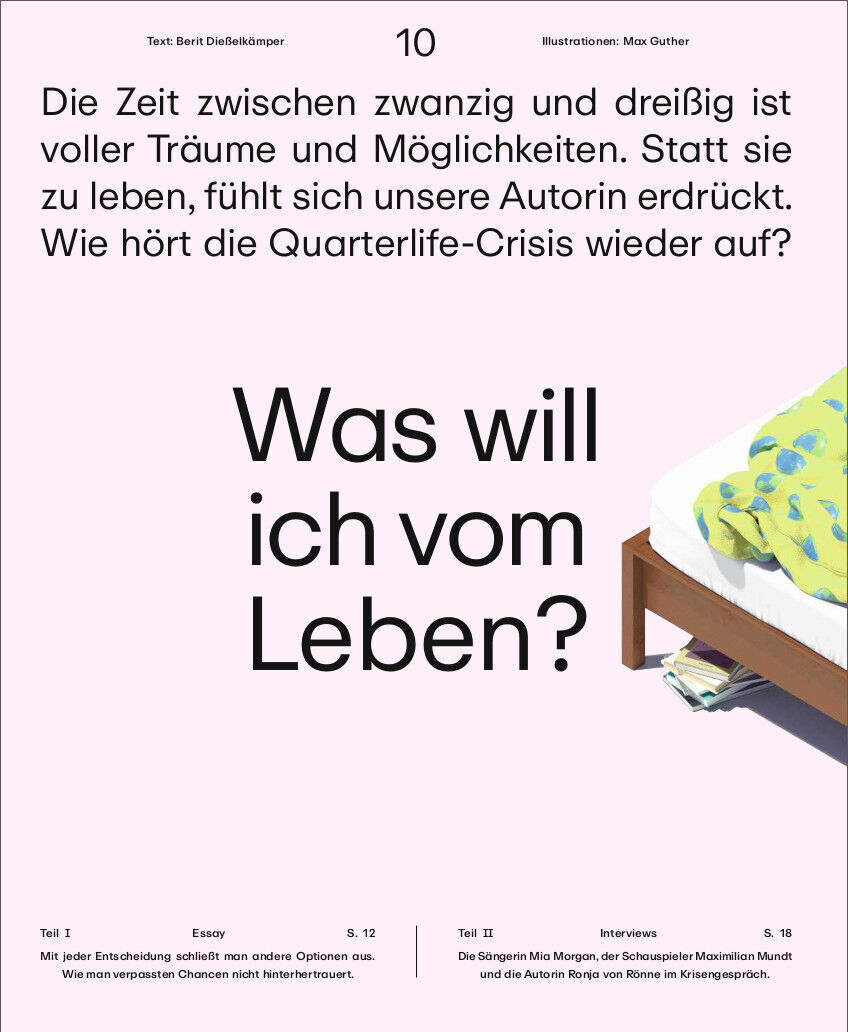 Cover des Magazins 'ZEIT CAMPUS 2/22' mit dem Titel 'Was will ich vom Leben?'. Oben liest man: 'Die Zeit zwischen zwanzig und dreißig ist voller Träume und Möglichkeiten. Statt sie zu leben, fühlt sich unsere Autorin erdrückt. Wie hört die Quarterlife-Crisis wieder auf?'. Darunter ein Bett mit einer grünen und blauen Decke. Unten sind kleine Texte mit Seitenzahlen zu verschiedenen Artikeln.