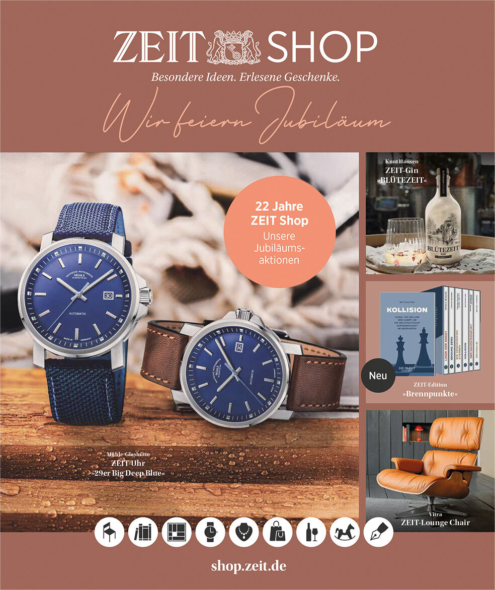 Werbeanzeige für den ZEIT Shop anlässlich des 22-jährigen Jubiläums. Das Bild zeigt blaue und braune Armbänder mit Uhren sowie weitere exklusive Produkte. Enthält Rabattaktionen und Werbeslogans auf Deutsch.