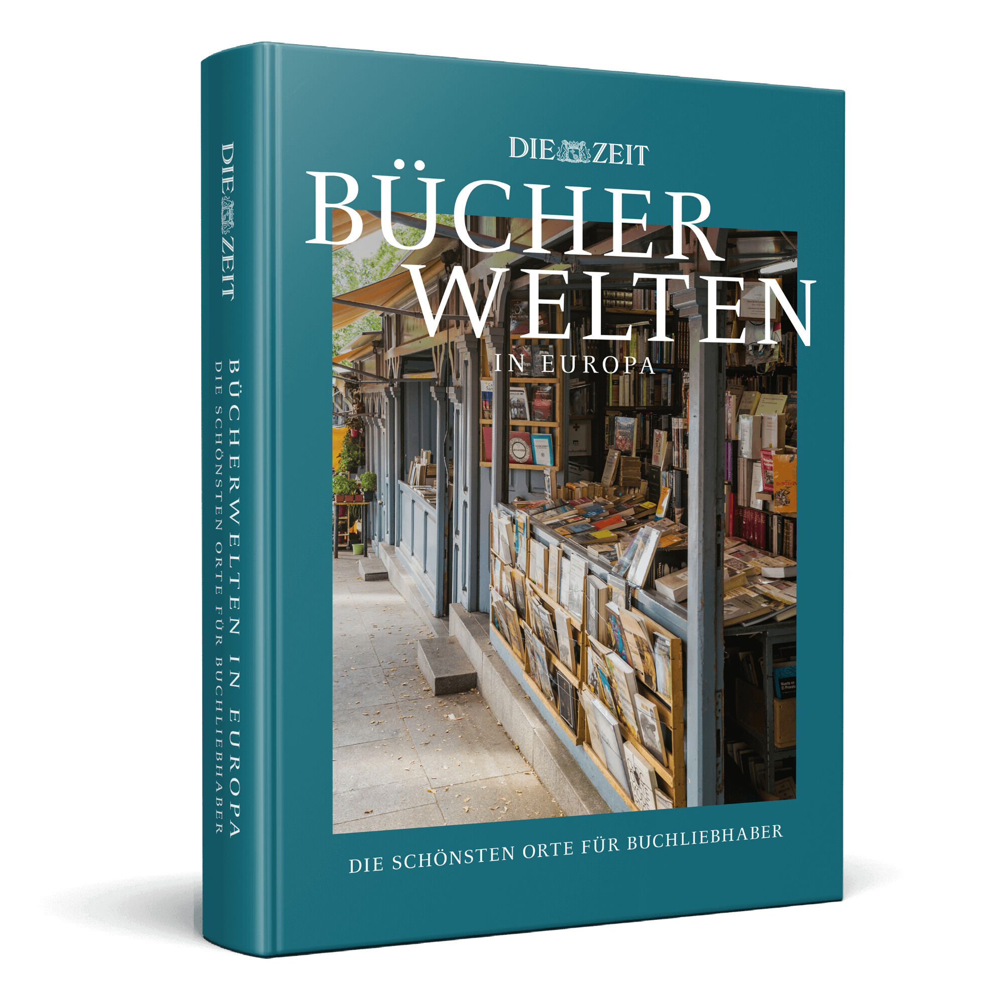 Ein Bildband mit dem Titel »Bücherwelten in Europa« von DIE ZEIT, das eine europäische Buchhandlung mit Regalen und Büchern auf dem Cover zeigt. Der Einband ist in Blau gehalten.