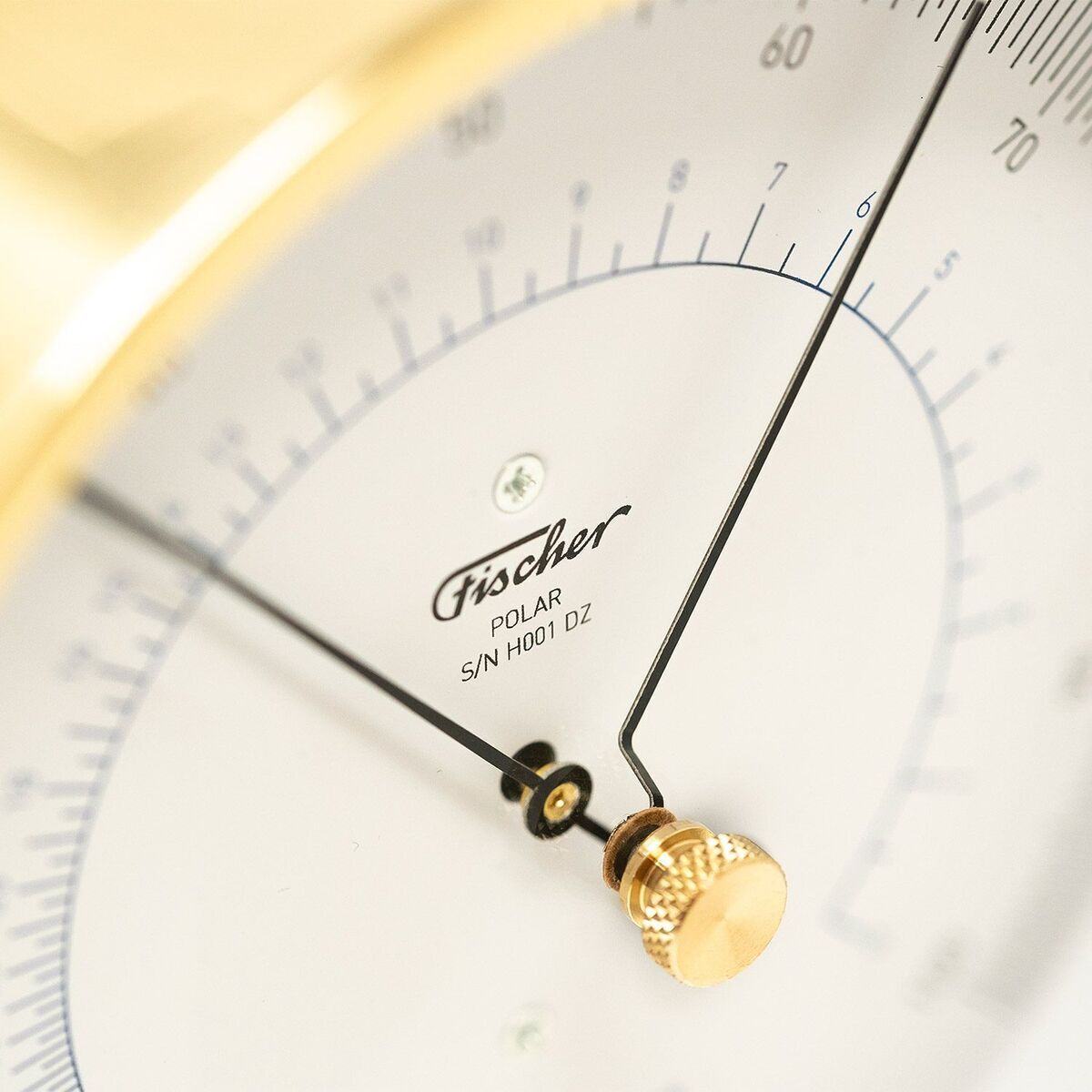 Nahaufnahme eines analogen Haar-Hygrometers der Marke Fischer in der ZEIT-Sonderedition »POLAR«. Das Instrument hat eine goldene Schraube und goldene Akzente, mit einem klaren weißen Zifferblatt und einer schwarzen Nadel zur Anzeige der Luftfeuchtigkeitswerte.