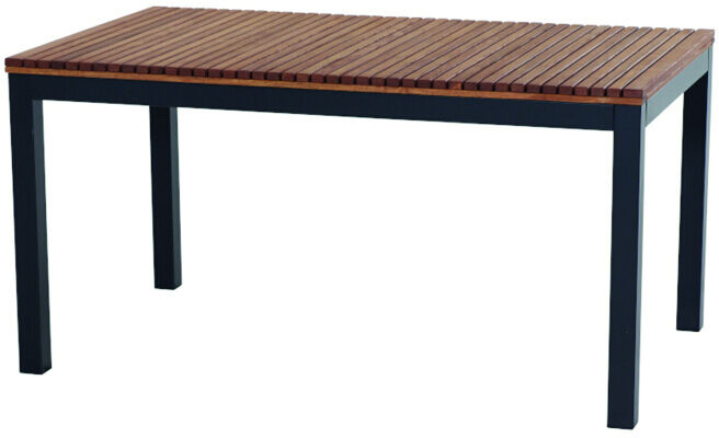 Ein rechteckiger Tisch der Serie »Bozen« mit den Maßen 160x90 cm. Die Tischplatte besteht aus horizontal angeordneten Holzleisten, kombiniert mit einem schwarzen Metallrahmen und Tischbeinen.