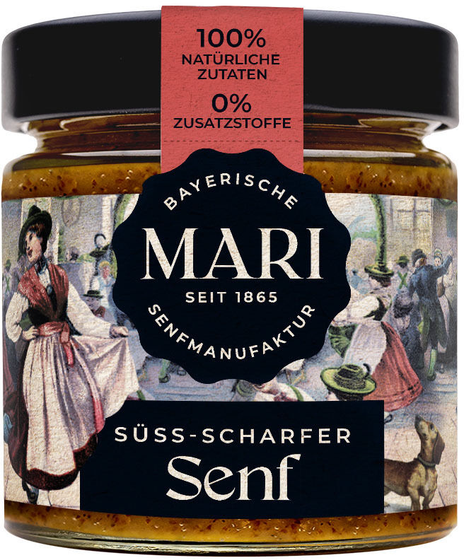 Ein Glas »Senf Gourmet Set« von Mari-Senf mit dem Aufdruck 'Bayerische Senfmanufaktur MARI seit 1865' und 'süß-scharfer Senf'. Das Etikett zeigt traditionelle bayerische Figuren. Der Senf ist ohne Zusatzstoffe und aus natürlichen Zutaten.